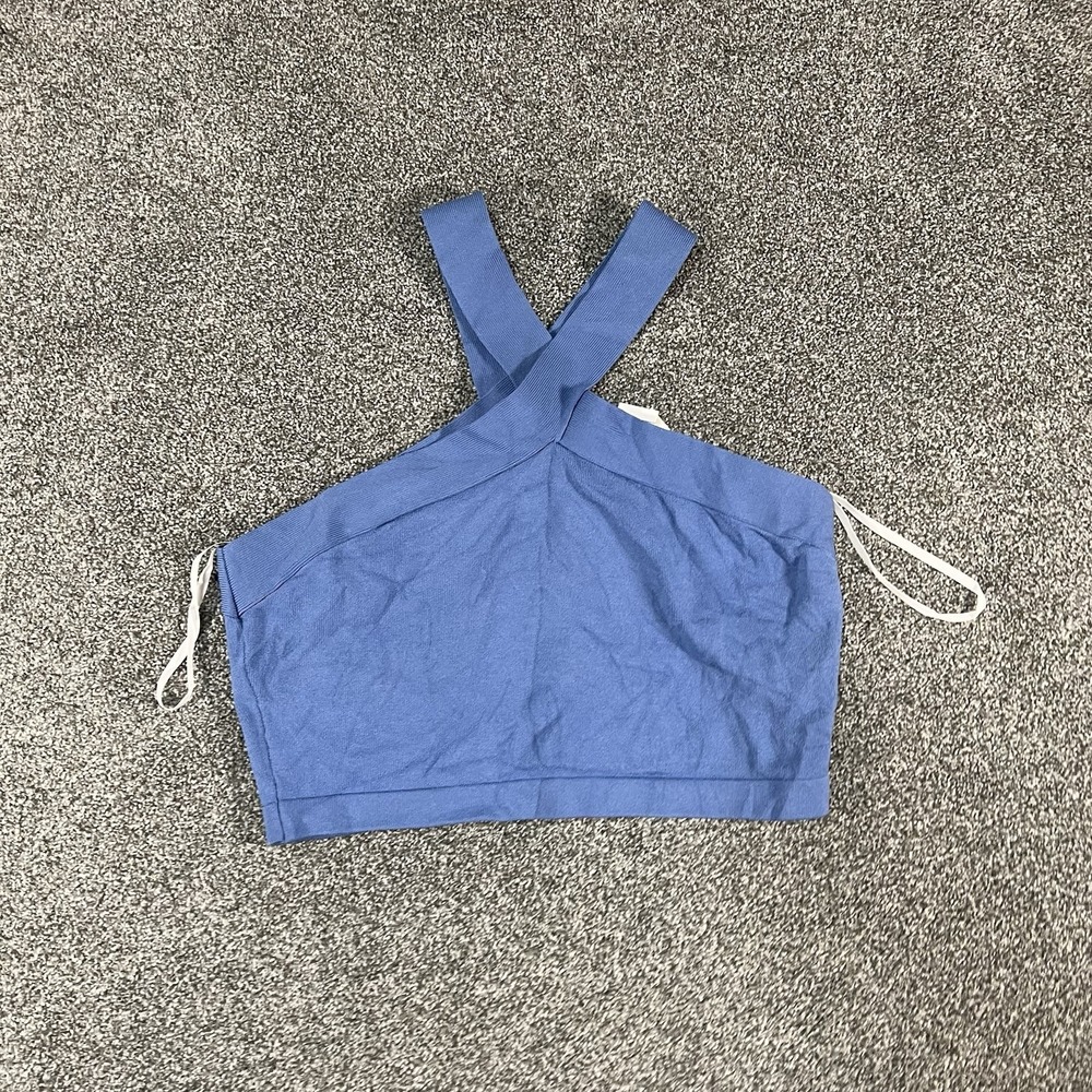 Babaton Sculpt Knit Cross Front Crop Top Womens L Azure Blue 101581 NWT